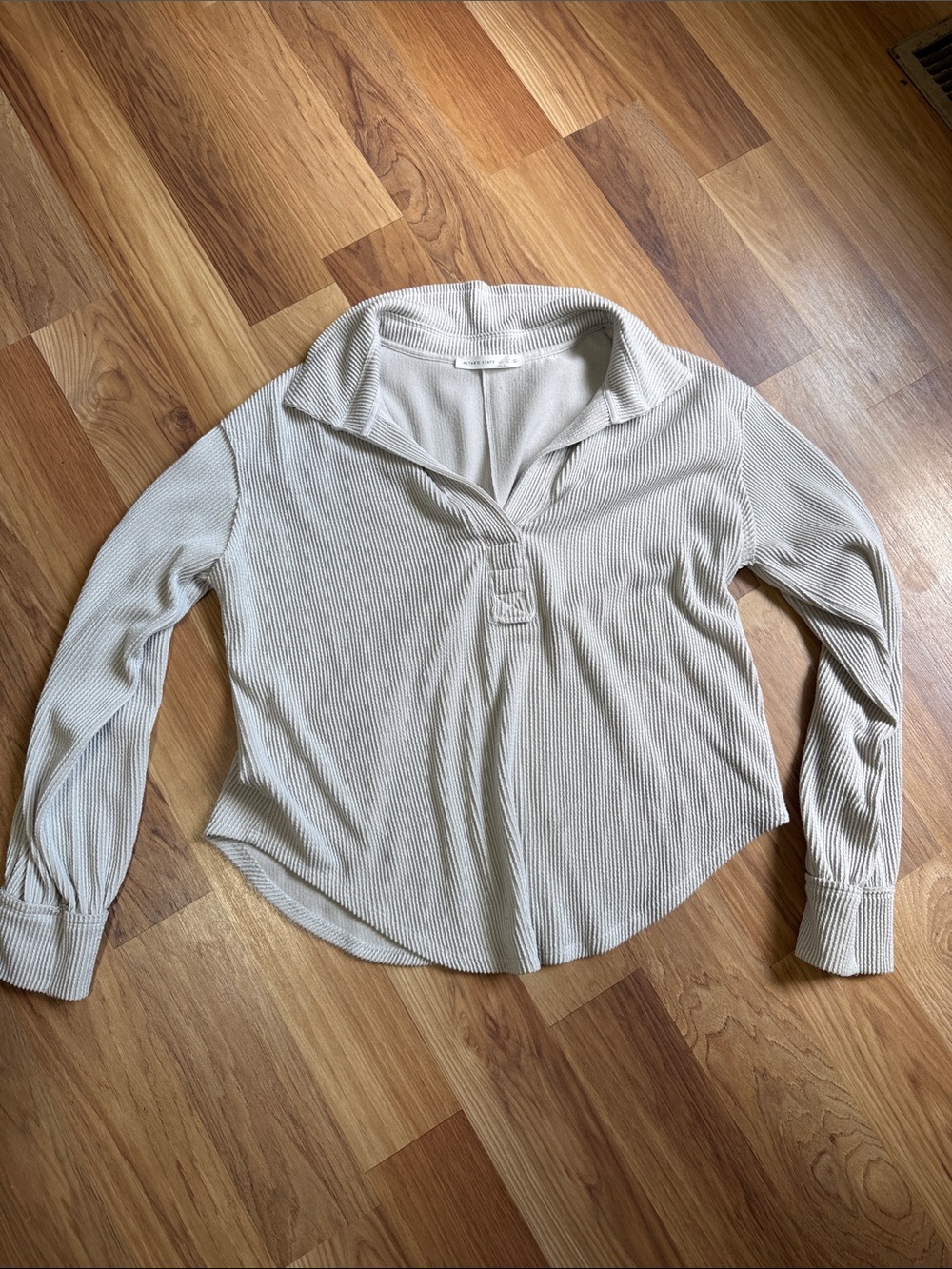 Ribbed Collared Long Sleeve Top in Light Beige